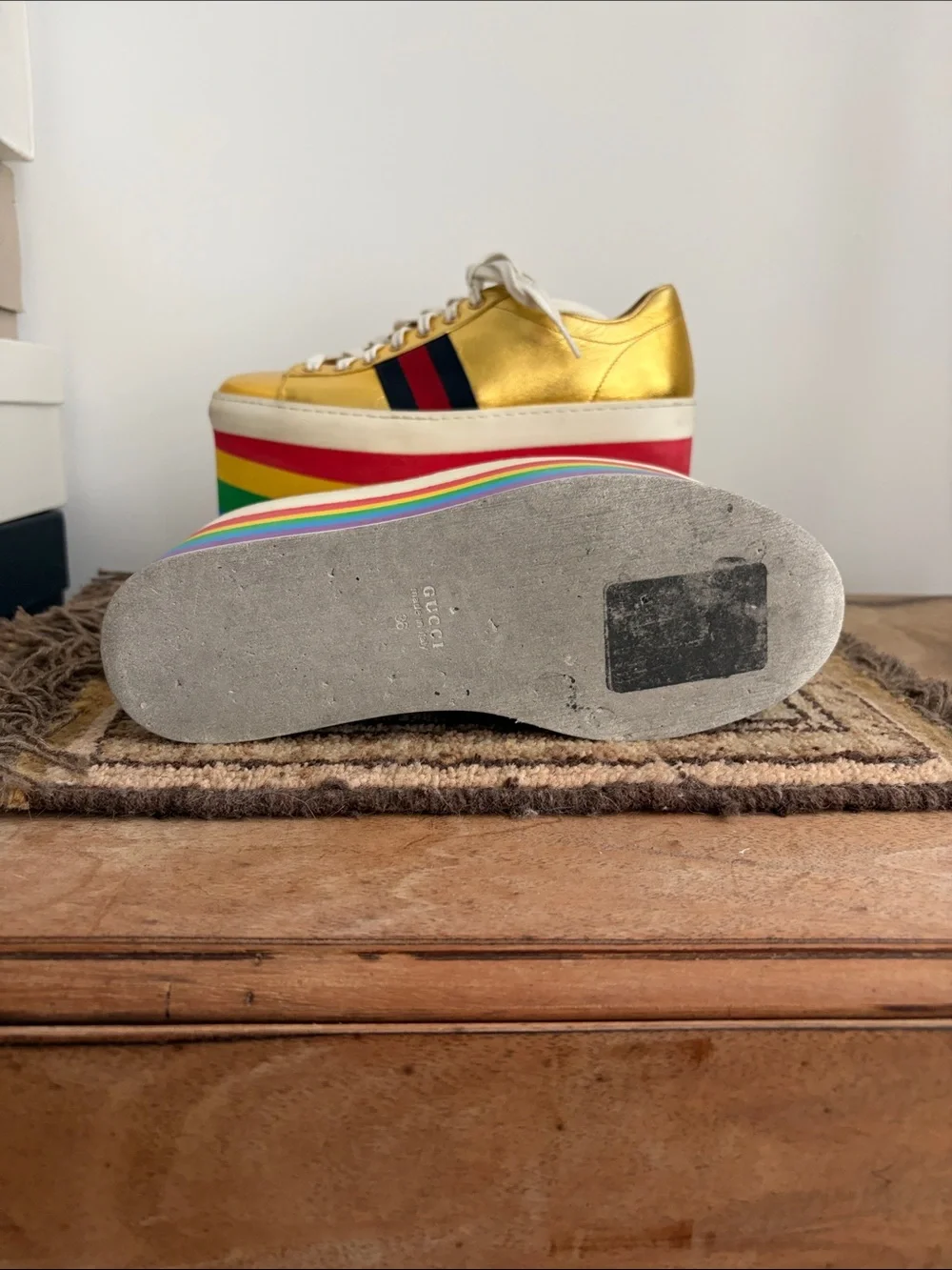 Gucci- PEGGY Gold Rainbow Platform Sneakers - Women's  Lace-Up sz 36 - DAMAGED